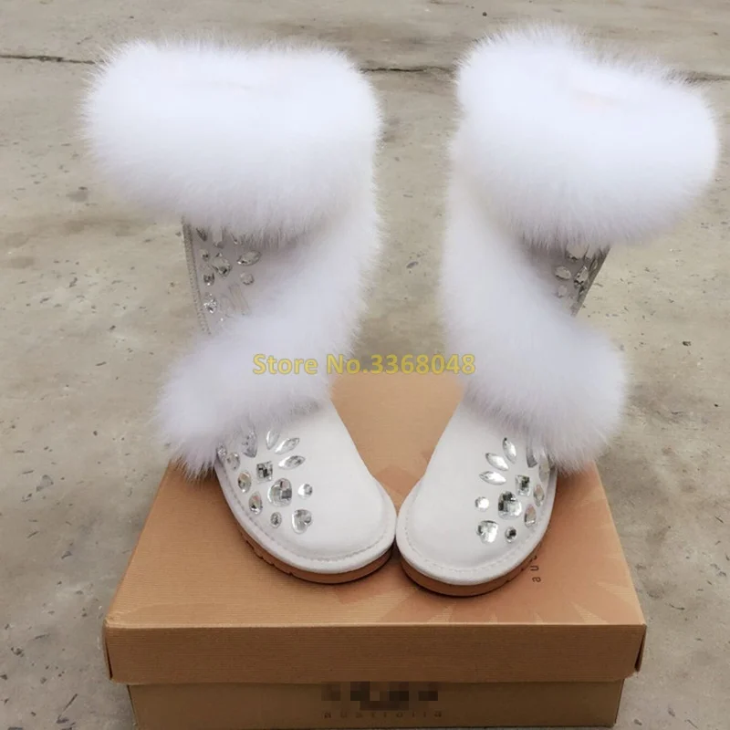 Crystal Snow Boots Fox Fur White Pink Round Toe Rhineston Winter Women Boots Mid-Calf Custom Made Real Picture Cold Winter Shoes