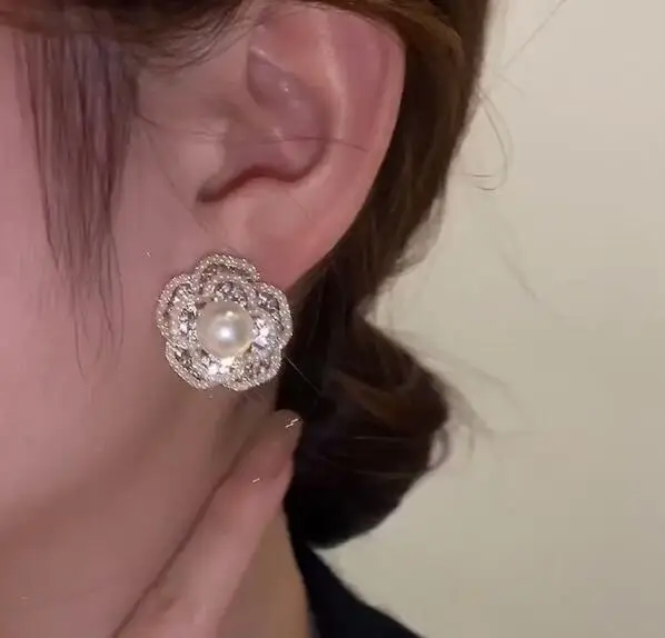 Super fairy temperament flower pearl rhinestone earrings wild personality fashion elegant women earrings