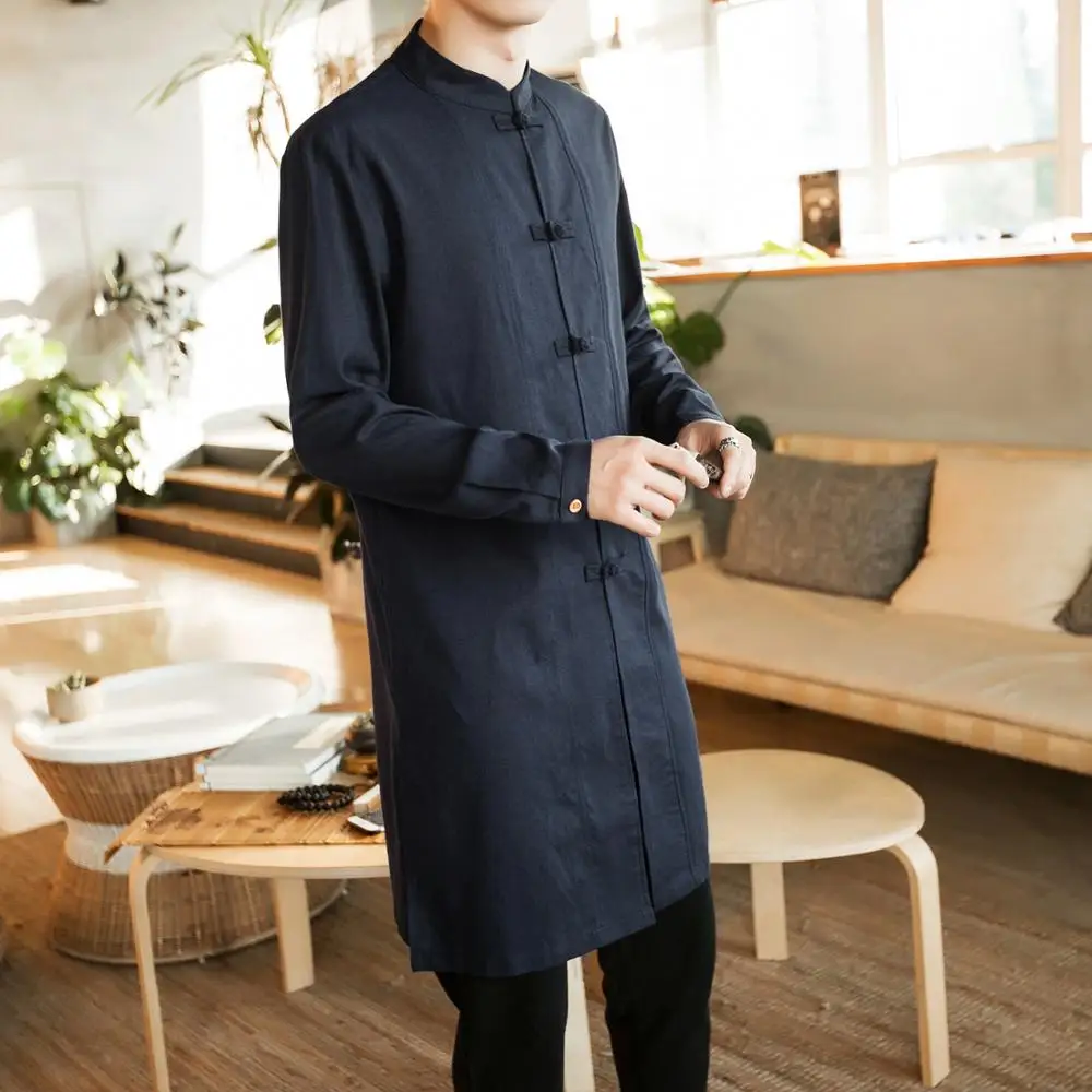 Traditional Chinese Clothing For Men Male Overcoat Outerwear Oriental Robe Trench Coat Men Cotton Linen Long Shirts Tops CN-120