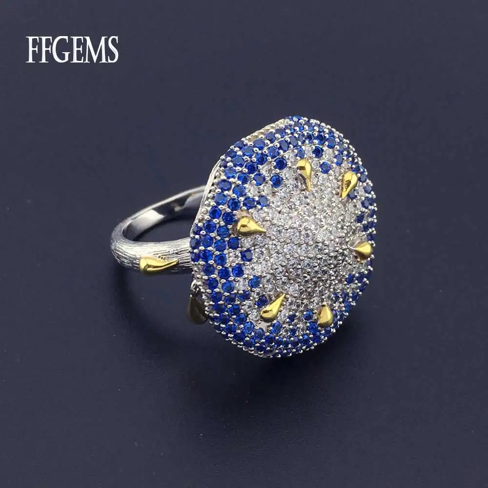 

FFGems Vintage Silver Blue sapphire gemstone Wedding Diamond two tone gold big round Rings for women Gift Fine Jewelry Wholesale