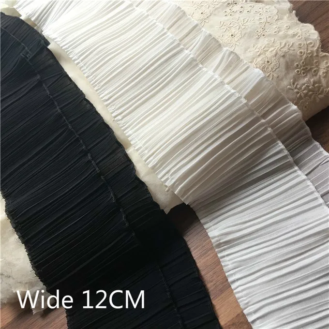 12CM Wide White Black Double Layers Pleated Chiffon Lace Ruffle Trim Ribbon Collar Applique For Garment Dress Hem Fringe Decor