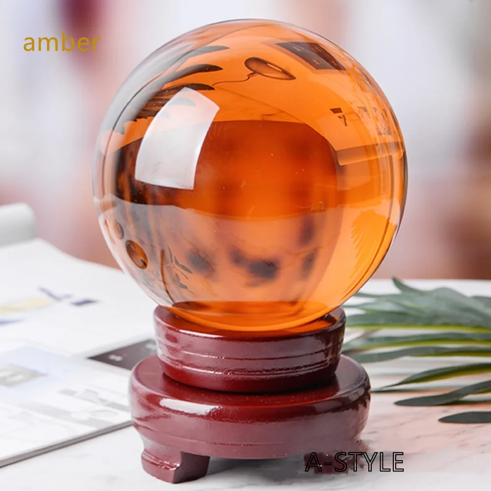 8cm Amber Color With Base K9CrystalBall Glass Ball Feng Shui Array Stone Ornaments Magic Ball Home Decoration Crafts