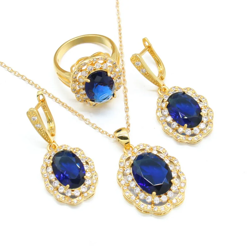 Geometric Gold Color Jewelry Set for Women Royal Blue Semi-precious Earrings Necklace Pendant Rings Gift Box