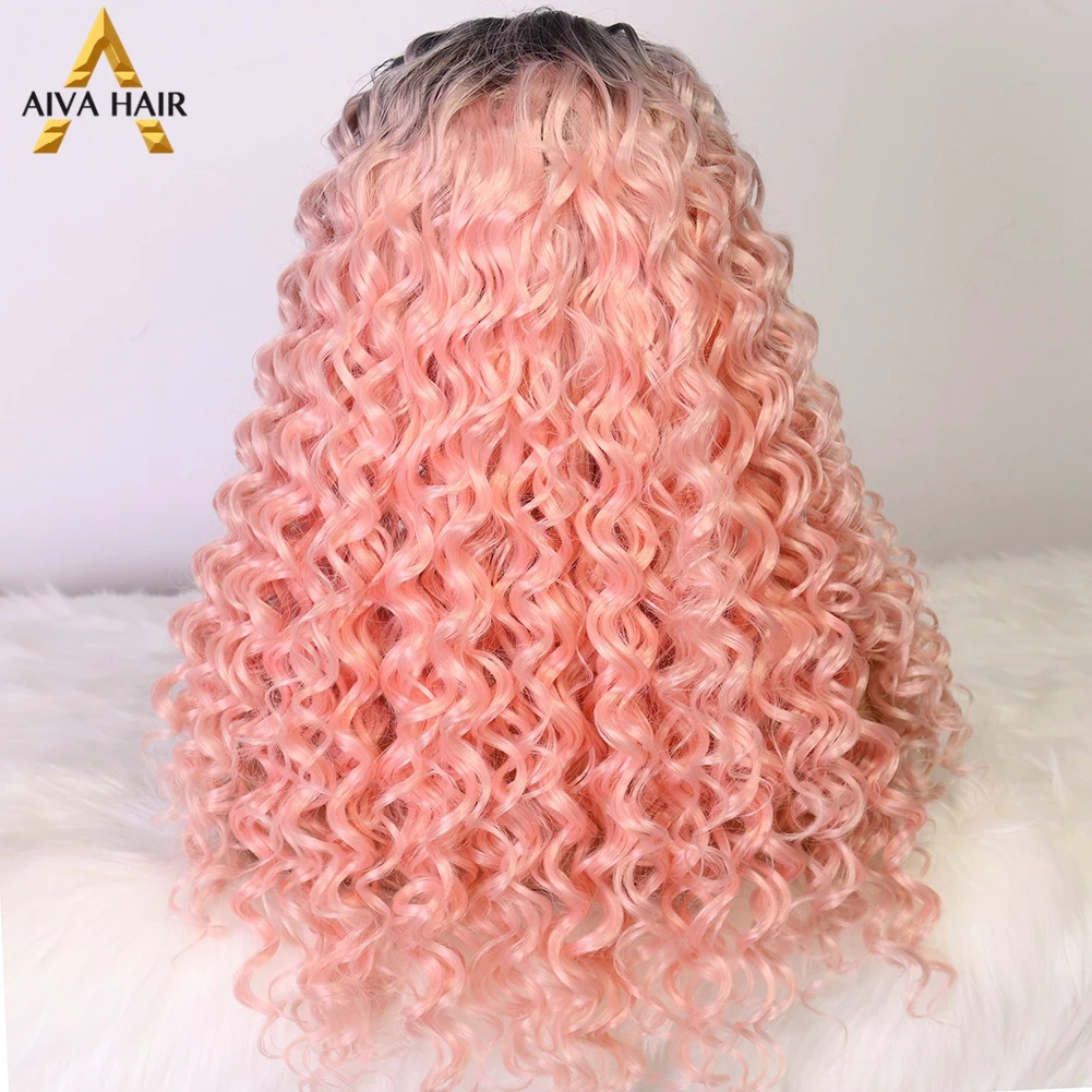 Aiva Hair Ginger Curly Wig Synthetic 13X4 Lace Front Wig Heat Resistant Ombre Pink Synthetic Drag Queen Cosplay Wigs For Women