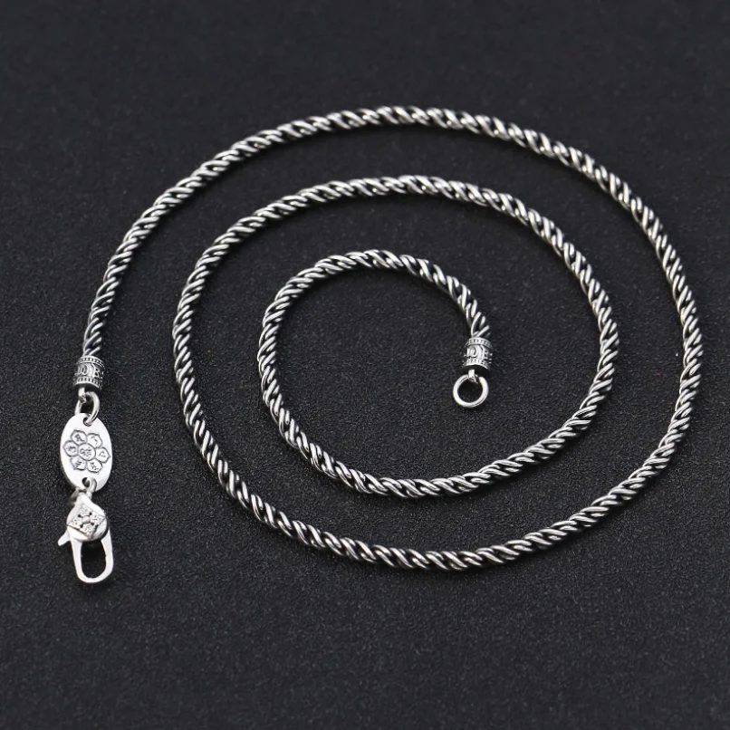 Unibabe Pure Silver 925 Sterling Silver Men Women Retro Thai Silver  2mm 3mm Twist Necklace S925 Real Silver Chain Necklace male