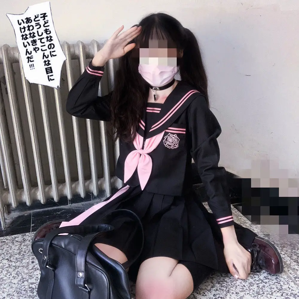 [devil's Tenderness] Diablo Jk Sailor Uniform Sets School Uniforms For Girls Embroidered Student Suit Long Sleeve Black Pink XL