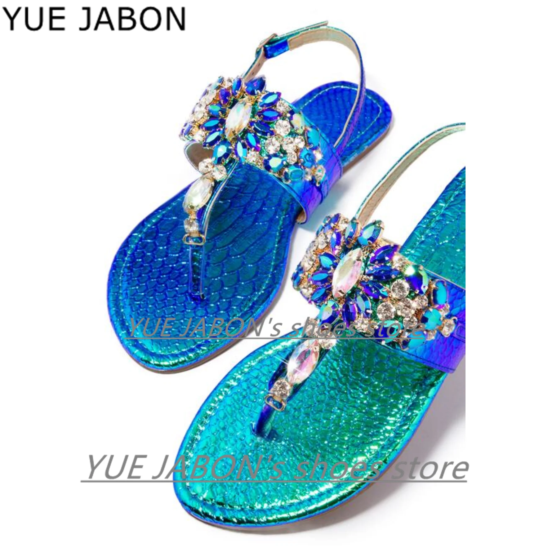 High quality Blue Black Gold Gladiator Rhinestone Flats Women Sandals Shoes Bohemia Crystal Beach Shoes For Summer Women Size 43