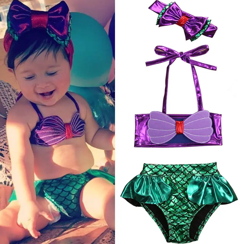 Cute Toddler Kids Baby Girl Mermaid Bikinis Set Summer Beachwear Halter Top Swimwear Bathing Suit with Headband Biquini