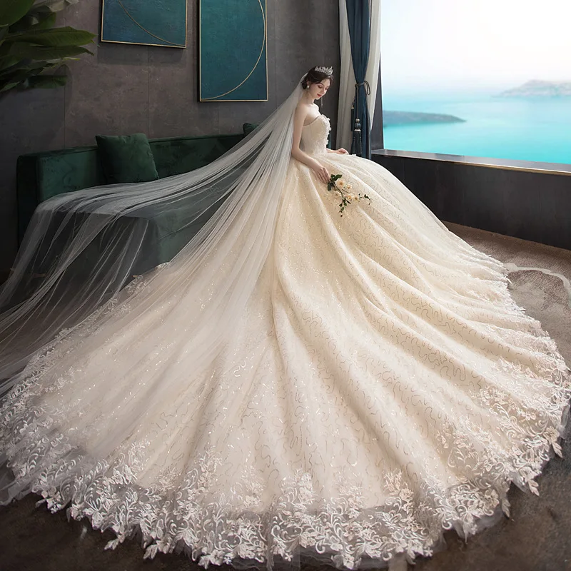 

Wedding Dress 2021 Gryffon Classic Strapless Wedding Gown With Train Lace Up Ball Gown Luxury Lace Embroidery Robe De Mariee