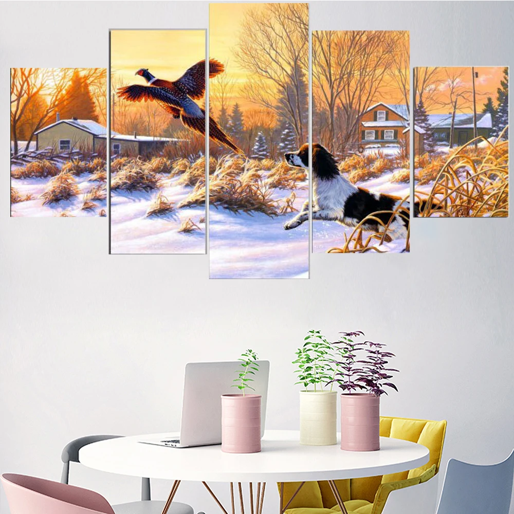 

5 Pieces Wall Art Canvas Painting Animal Poster Dog Chasing Birds Snow Modern Living Room Home Modular Pictures Decoration