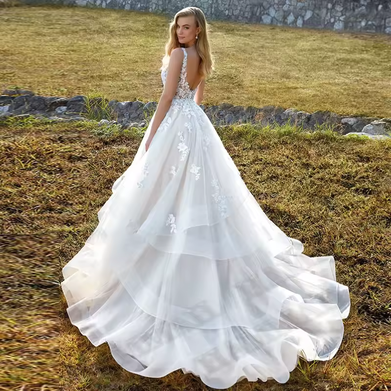 2024 Vestidos De novia modestos con tren De cepillo, vestido De novia con apliques escalonados, Vestidos De Sposa sin espalda, traje De fiesta nupcial, bata De boda