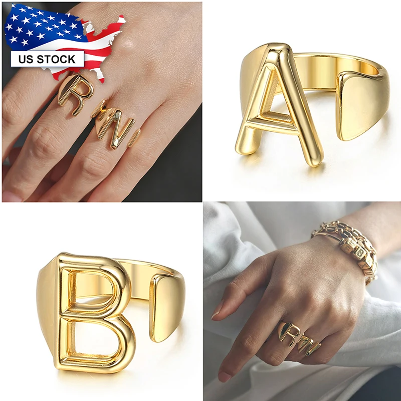 Party Band Ring Gold Color Initial A-Z Letter Alphabet Signet Ring for Women Open Ring Party Wedding Engagement LGR68A