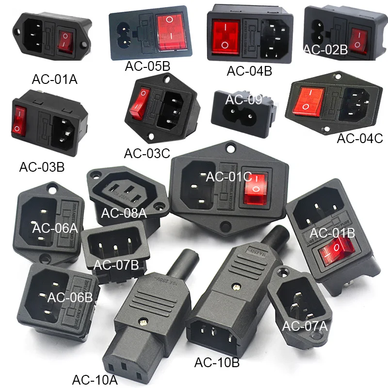 2 3 Pin IEC320 C14 Electrical Power Socket LED 250V Rocker Switch Brass 10A C6 Fuse Inlet Plug Connector Computer Mount Outlet