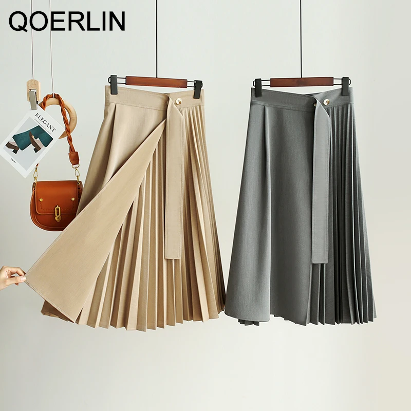 QOERLIN High Quality Irregular Pleated Skirt Women Autumn A-Line High Waist Skirt Chic Mid-Length Black Skirts Female