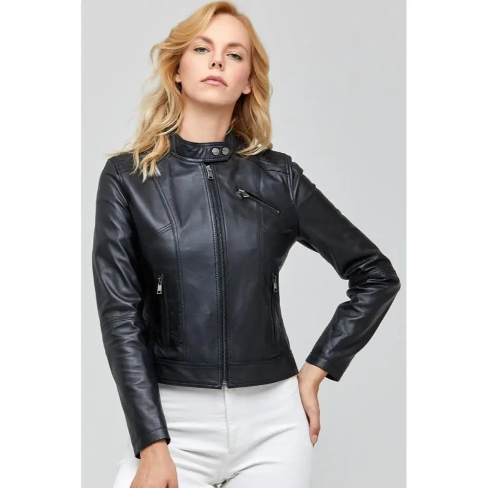 Chaqueta de motorista de piel de oveja auténtica para mujer, abrigos de cuero ajustados, prendas de vestir exteriores informales impermeables, ropa de moda para primavera y otoño