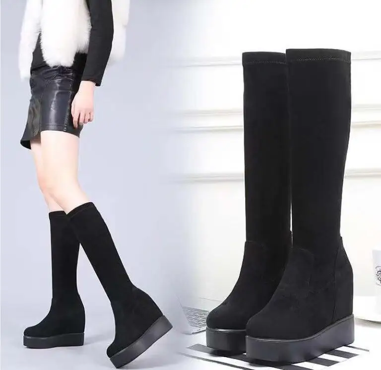 Autumn Winter Warm Wedges Knee High Boots Inner Increase Women's Round Toe Elastic Boots Long Tube Muffin Bottom Female Shoes