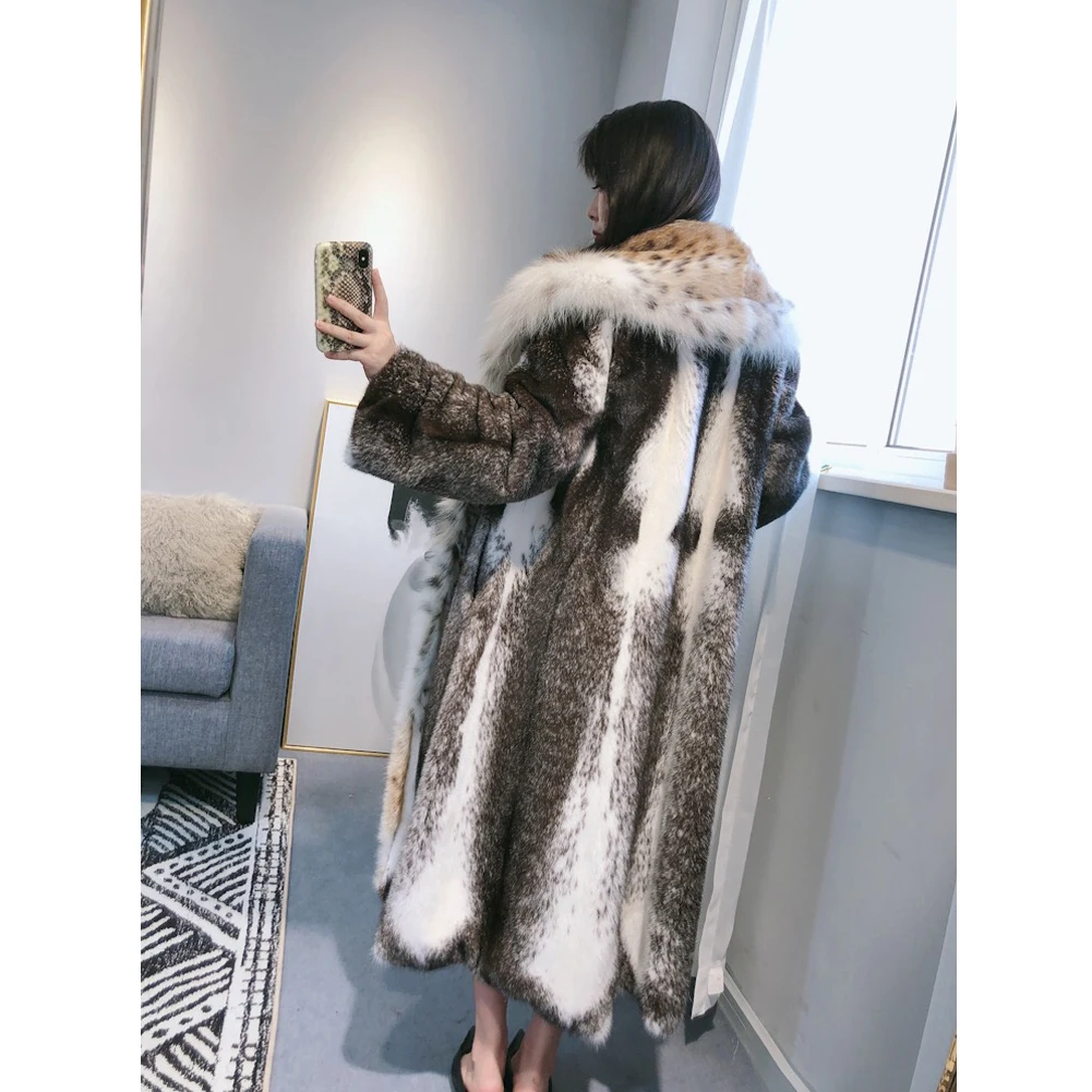 2019 ใหม่นำเข้าสตรี Mink Fur Coat กับ Bobcat ขนสัตว์ขนาดใหญ่แฟชั่นคอยาวเสื้อขนสัตว์สตรีเสื้อ