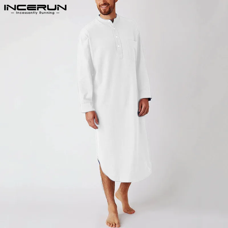 INCERUN Cotton Men\'s Sleep Robes Solid Color Long Sleeve Nightgown O Neck Leisure Mens Bathrobes Comfort 2023 Homewear Plus Size