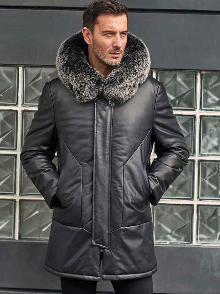 Mens Cowhide Coat Genuine Leather Down Jacket With Fox Fur Collar Hooded Winter Overcoat Long Warm Outwear