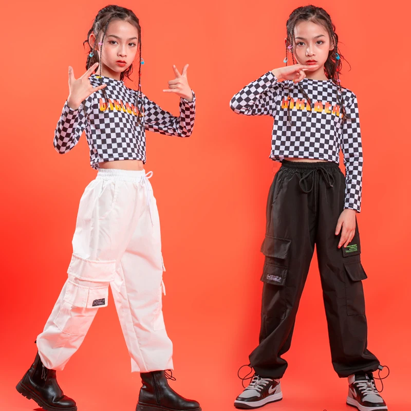 Kids Cool Hip Hop Clothing Checkered Crop Tops Shirt Streetwear Tactical Cargo Pants for Girls Jazz Dance Costume Show Outfits