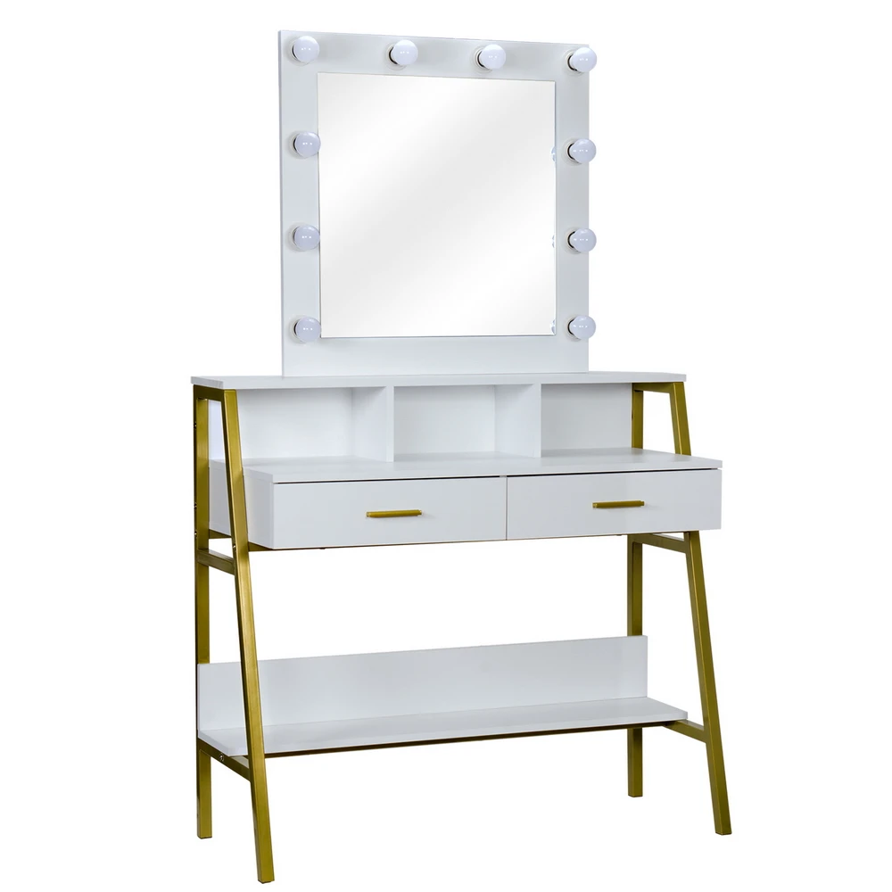 Dresser Dressing Table Golden Steel Frame Square Mirror with 2 Drawers Shelf Light Bulb White[US-Stock]