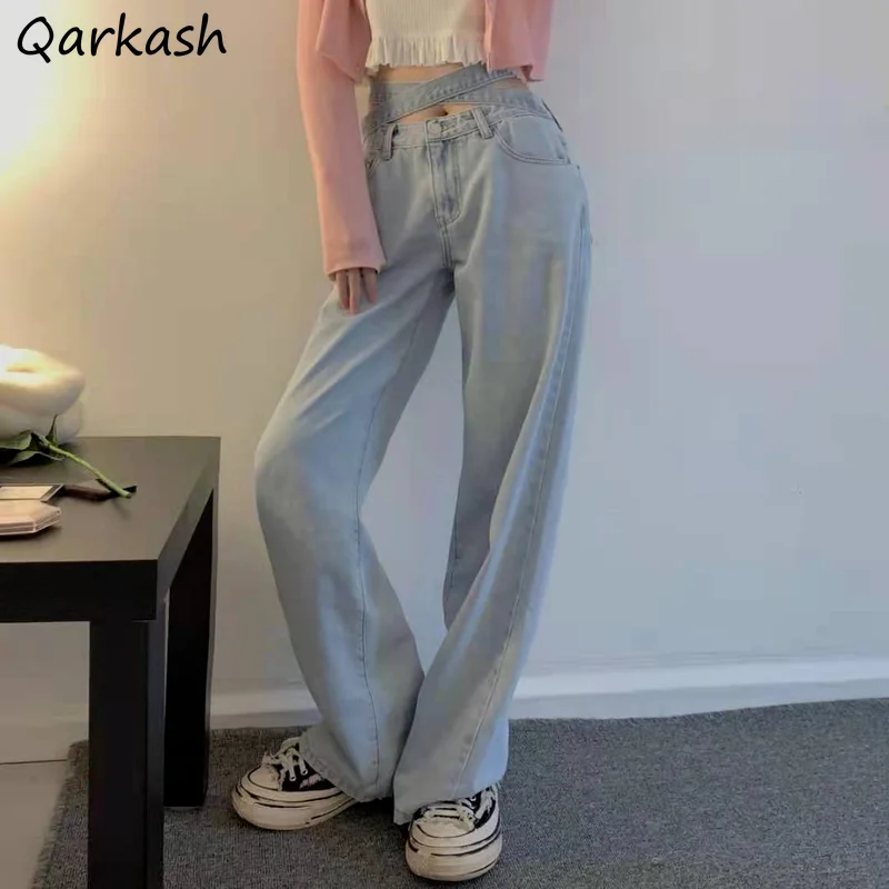 

Jeans Women High Waist Lace Up Loose Wide Leg Trousers Full Length Stylish Boyfriend All-match Spring Design Light Blue Leisure