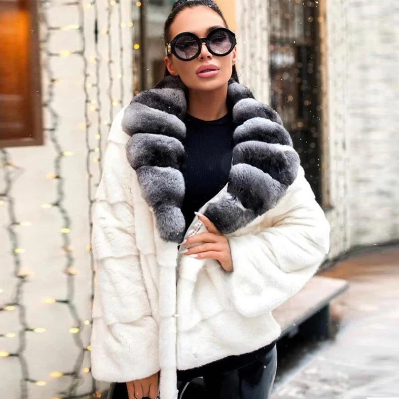 BFFUR Women's Real Fur Coat Winter Fashion Full Pelt Mink Fur Coat Regular Length Big Rabbit Fur Collar Mink Fur Overcoats