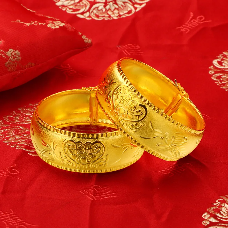 

24k Yellow Gold Plated Bracelet for Women Classical Gold Dragon Phoenix Lucky Bridal Matte Bracelets Wedding Anniversary Jewelry