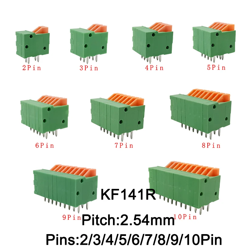 10Pcs KF141R KF141V PCB Spring Screwless Terminal Block 2.54mm 2/3/4/5/6/7/8/9/10 Pin Straight / Bent Foot PCB Mount Connector