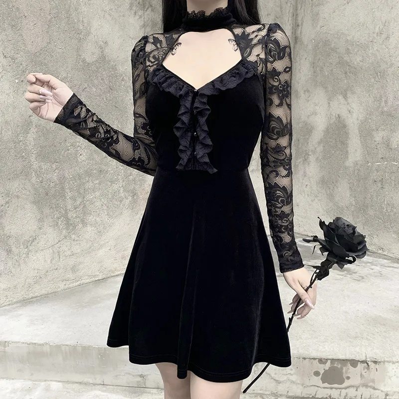 

Женское ажурное платье Goth Dark, готическое плиссированное платье мини с длинным рукавом, элегантное кружевное платье в стиле Харадзюку, зима