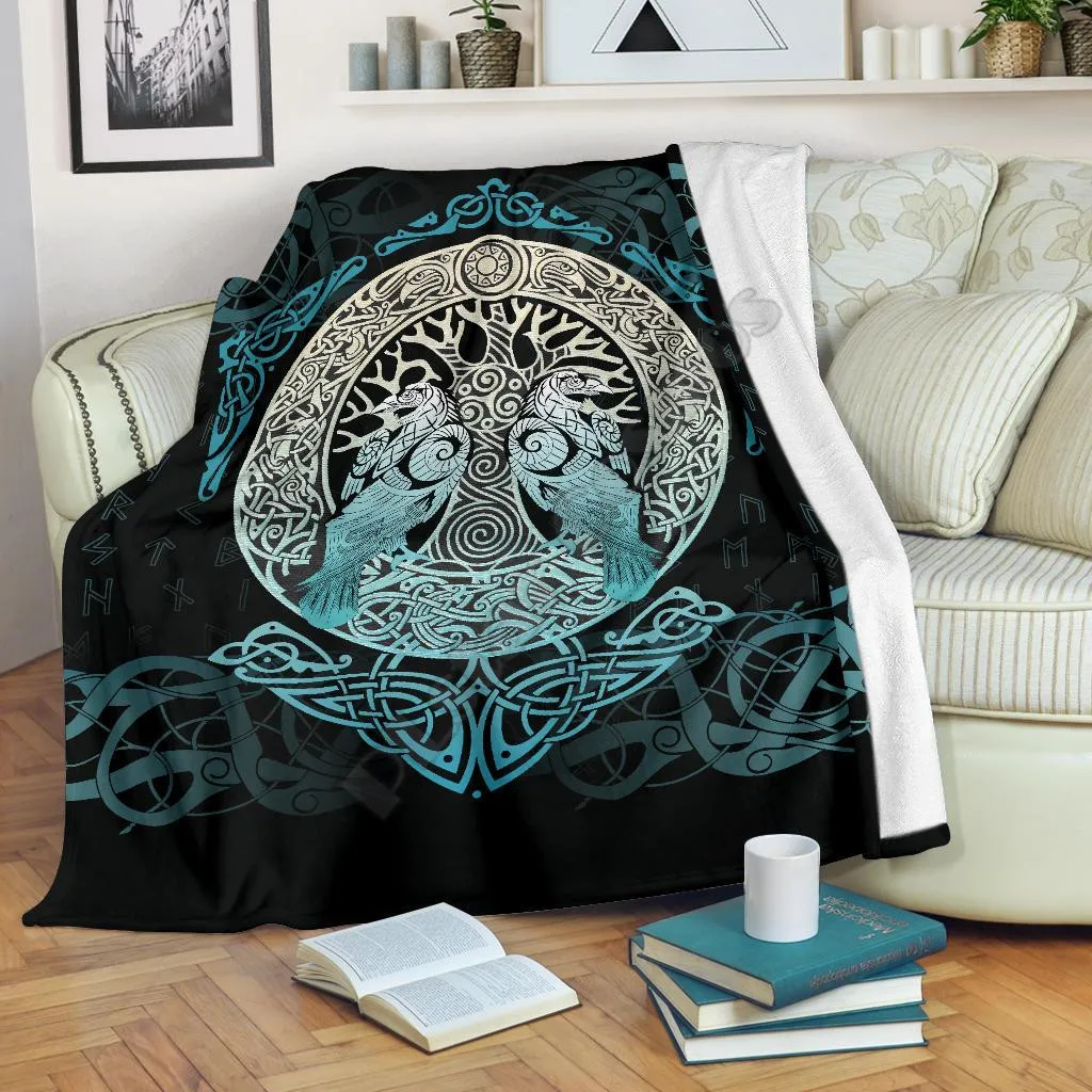 Viking Style Blanket Yggdrasil and Ravens Cozy Premiun Fleece Blanket 3D All Over Printed Sherpa Blanket on Bed Home Textiles