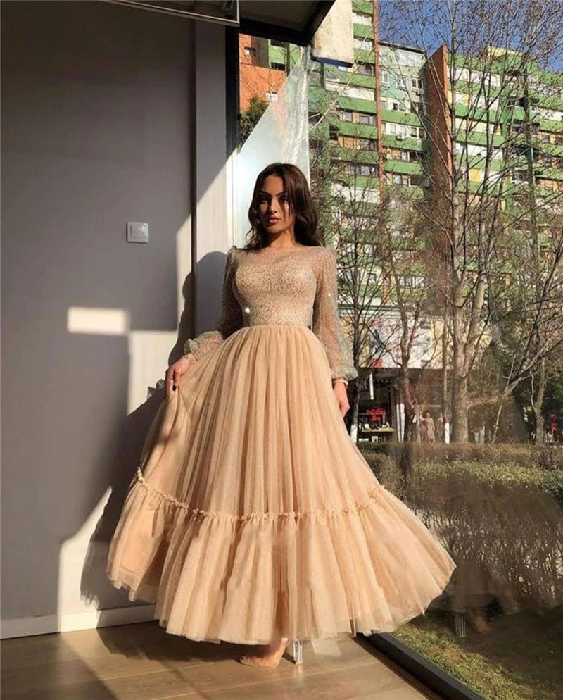 LORIE 2024 Modest Champagne A Line Prom Dresses Sparkly Long Sleeves Sheer Scoop Ankle Length Formal Evening Gowns Customized