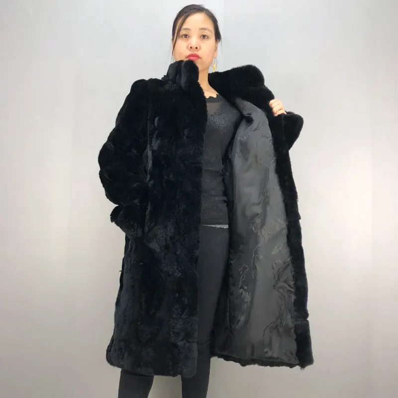 Women's Winter Warm Outerwear Real Rex Rabbit Fur Coat Thickened Long Overcoat High Quality Elegant Thick Warm Outerwear