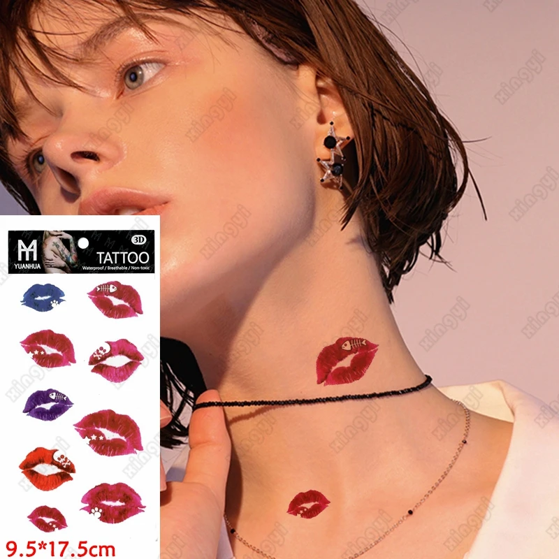 Colorful Beautiful Red Rosy Lips Sexy Body Art Waterproof Fake Tattoo Lovely for Woman Flash TemporaryTatto Stickers