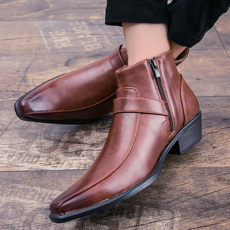 2023 New Men\'s Retro Cowboy Boots Leather Shoes Chelsea Boots Pointed Toe Men Boots Zipper Male Ankle Boots Autumn Winter Shoes