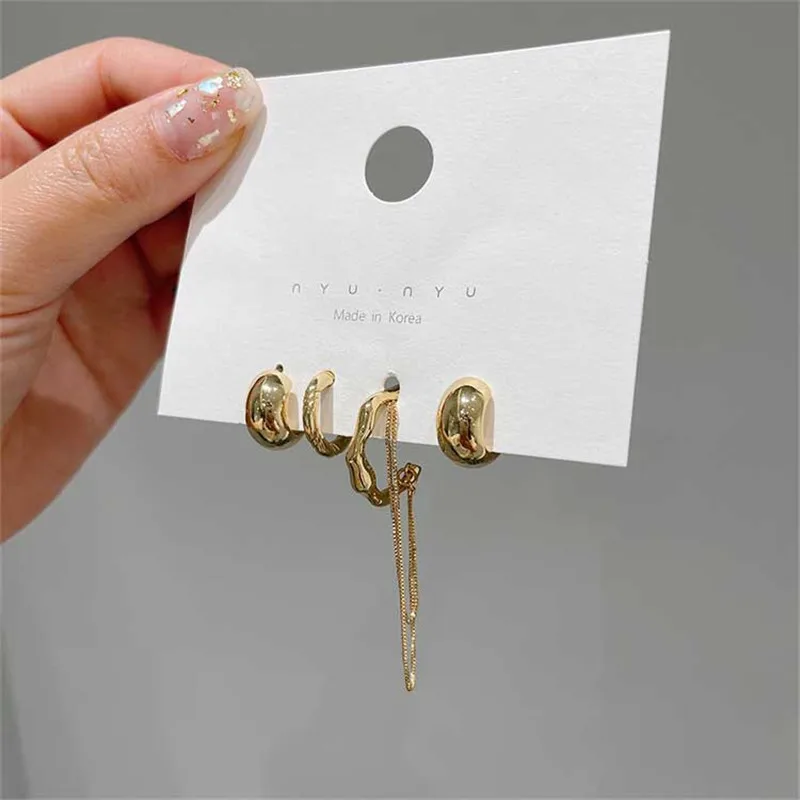 4PCS/SET New Design Gold Color Silver Plated Geometric Irregular Tassel Chains Clip Earrings for Women Non Pierced Ear Cuff 2021