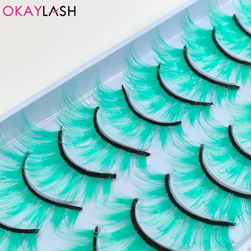 OKAYLASH 10pairs Red Brown Neon Green Purple Colored False Strip Eyelashes Fake Dramatic Cilias Lashes For Cos Play Party