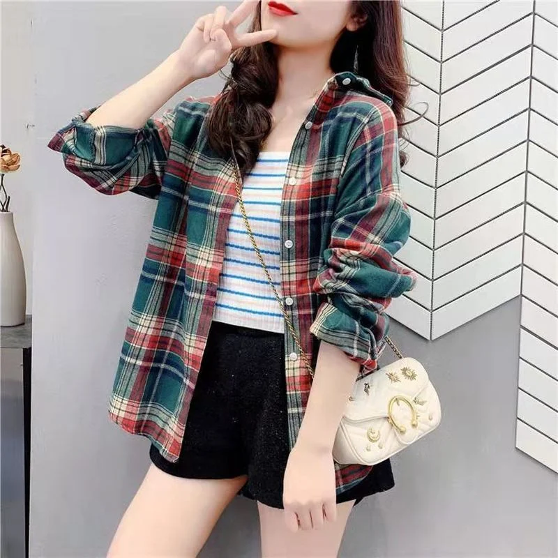 Korean Style Plaid Classic Loose Shirts Blouse Women Daily All-match Cute Student Women Clothing Fashion Vintage Shirt