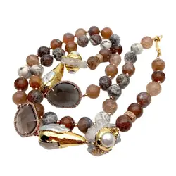 Y.YING Brown Round Faceted Agate White Quartz Crystal Cultured Pearl Long Necklace 34