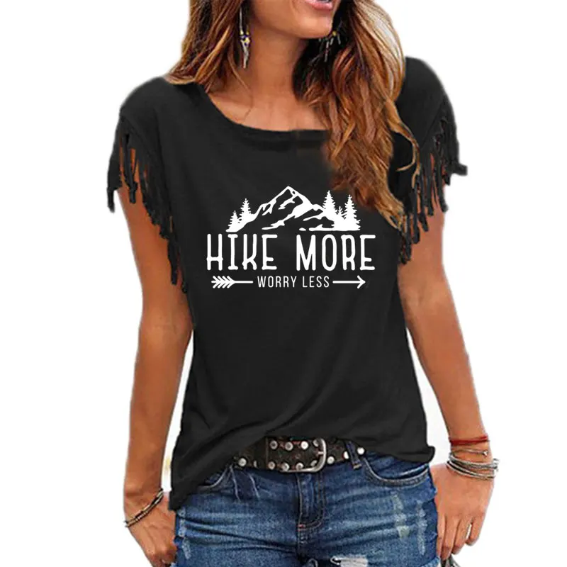 

Hike More Worry Less T-shirt Casual Unisex Short Sleeve Graphic Hiking Outdoors Funny Women Summer Camping Tees Tops