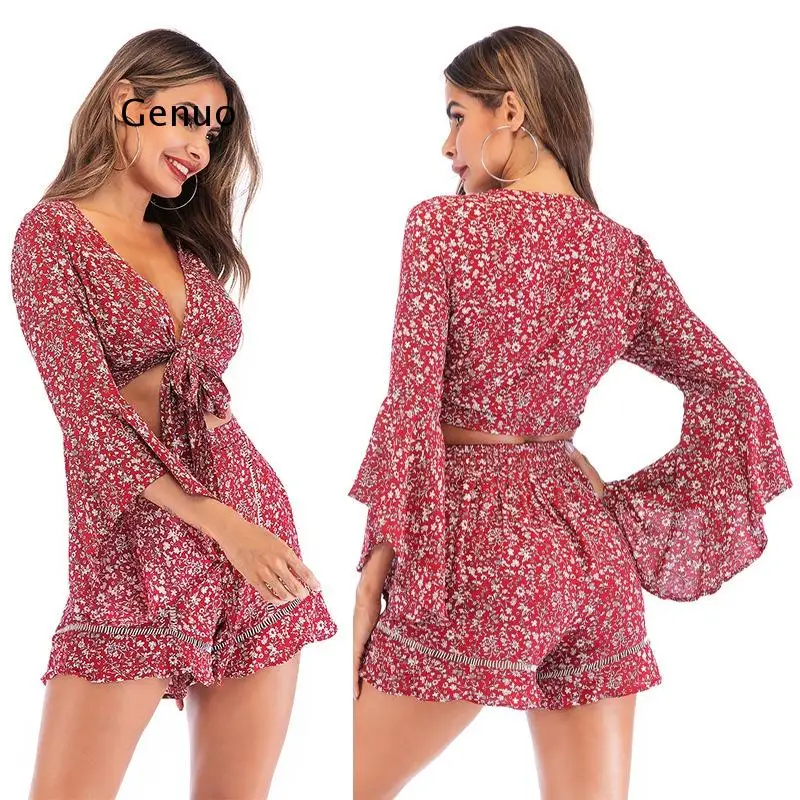 Summer Women's Swimsuit Leisure Suit Long Sleeve Chiffon Shirt Beachwear Holiday Shorts Female