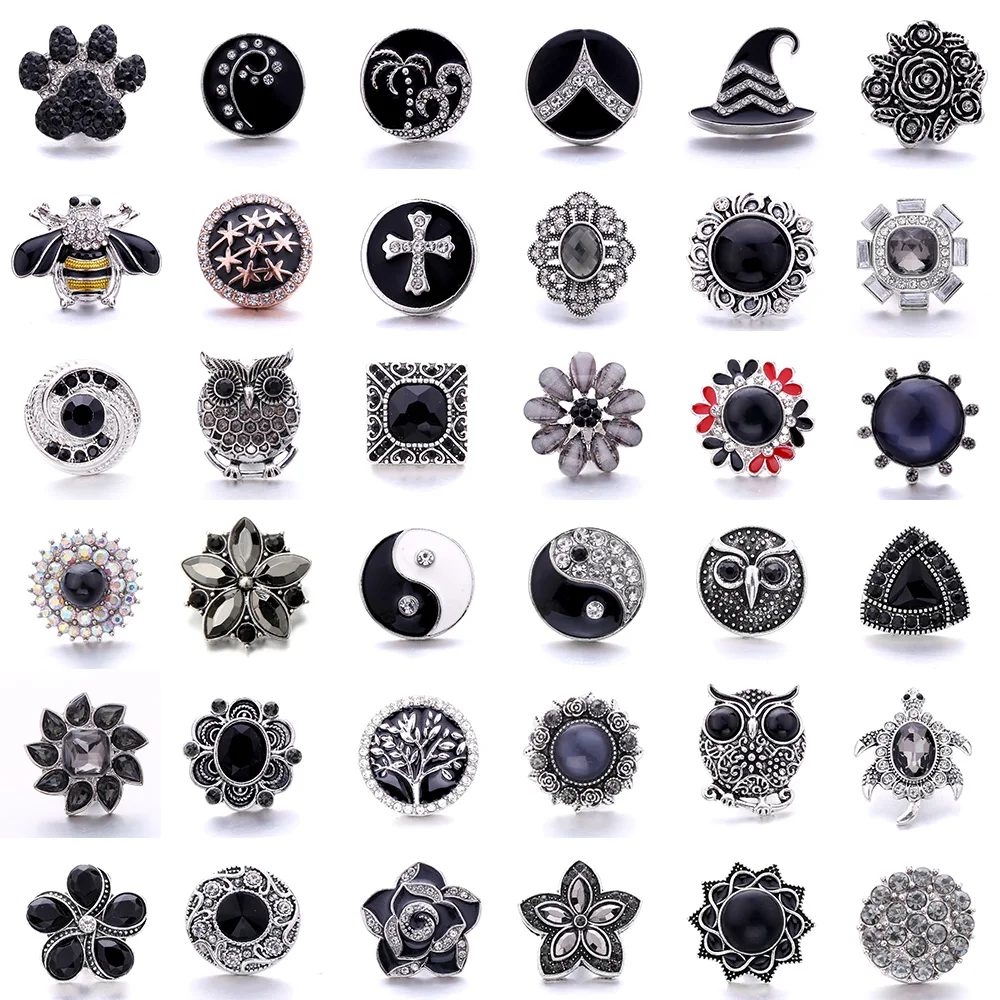 5pcs/lot Black Snap Jewelry Fashion Wholesale Rhinestone Flower 18mm Snap Buttons Jewelry Fit 18mm Leather Snap Button Bracelet