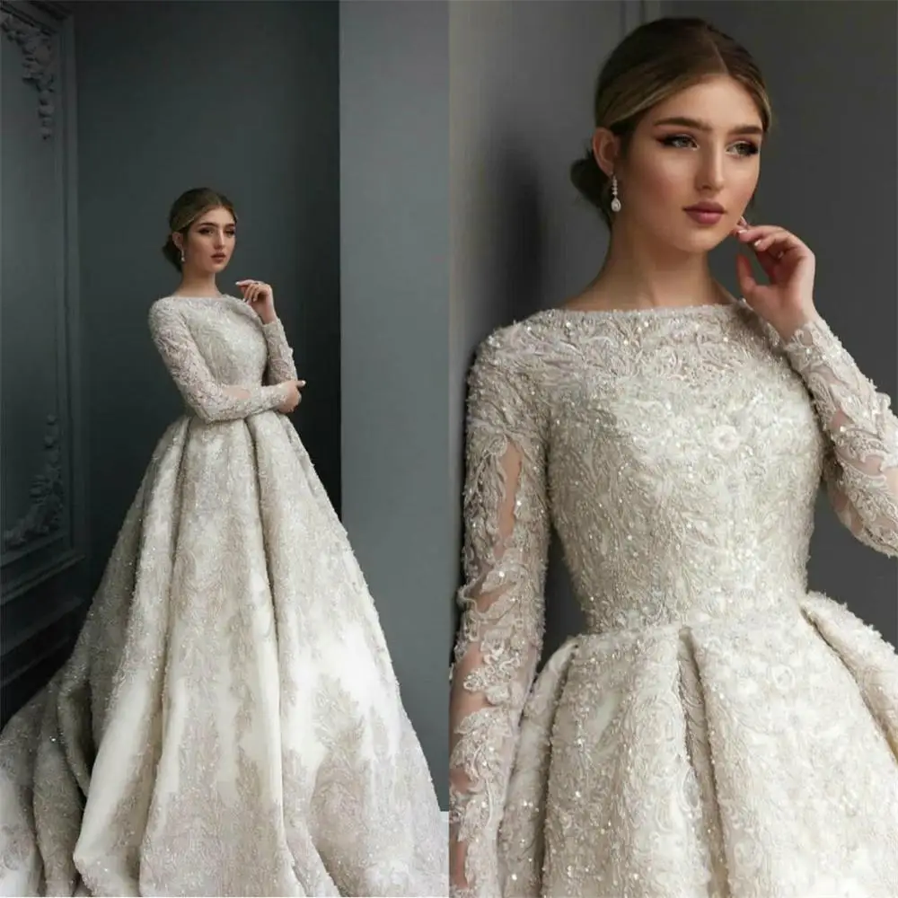 

Arabic Aso Ebi Wedding Dress vestidos de novia Lace Appliques Long Sleeve Sequined Bridal Gowns Vintage robe de mariage