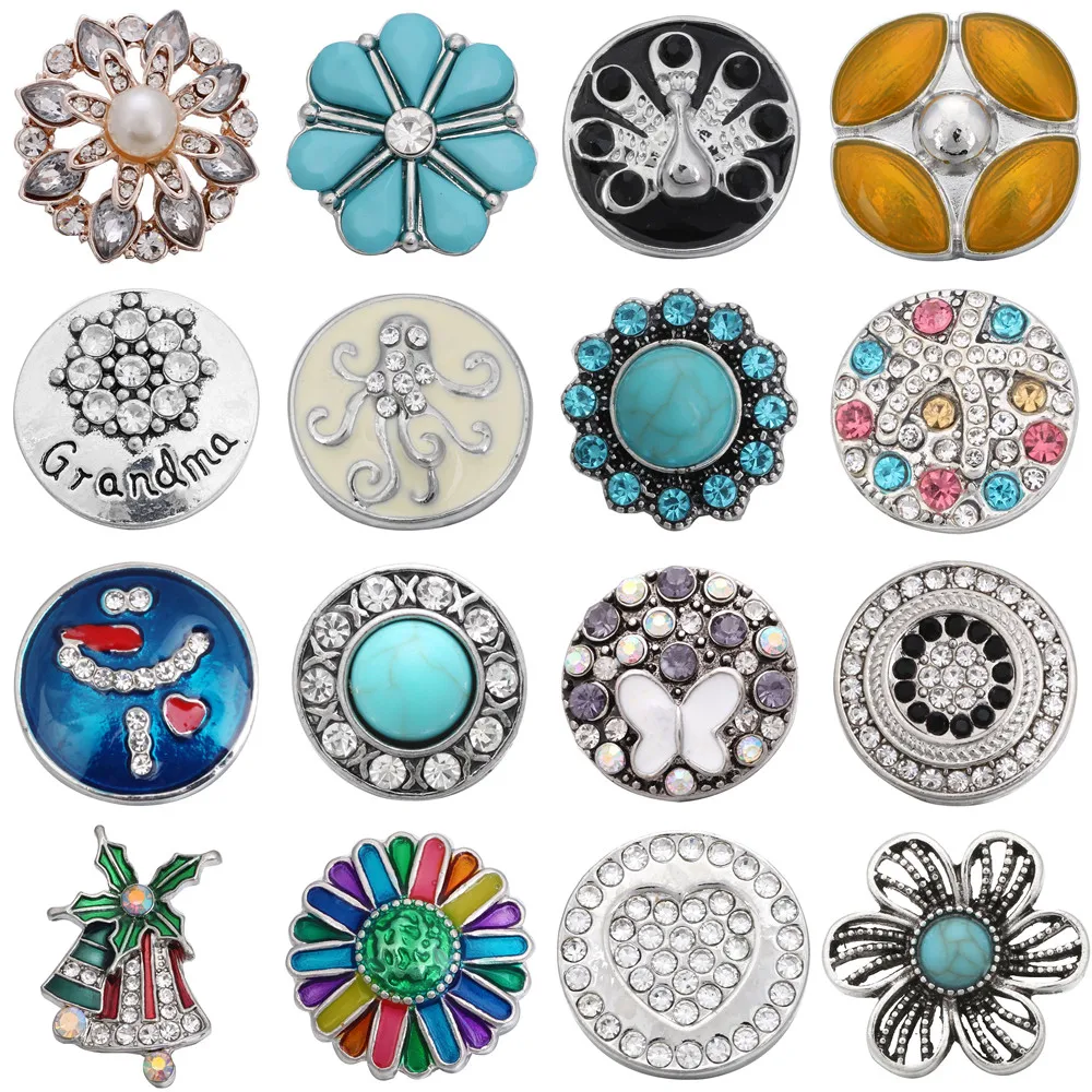 5pcs/lot New Snap Jewelry Mixed Rhinestone Flower Heart 18mm Metal Snap Buttons Fit Snap Bracelet Bangle Ginger Charms