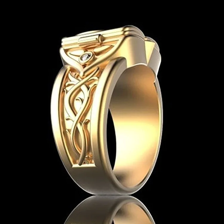 Personality Gold Plated Men Women\' Ring Secret Compartment Memorial Souvenir Ring Casket Coffin Anniversary Ring Hip Hop Jewelry