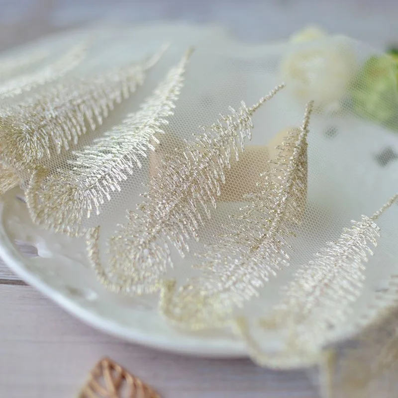 11CM Wide Luxury White Tulle Golden Feathers Mesh Lace Fabric Embroidery Fringe Ribbon Wedding Dress Head Veil DIY Sewing Decor