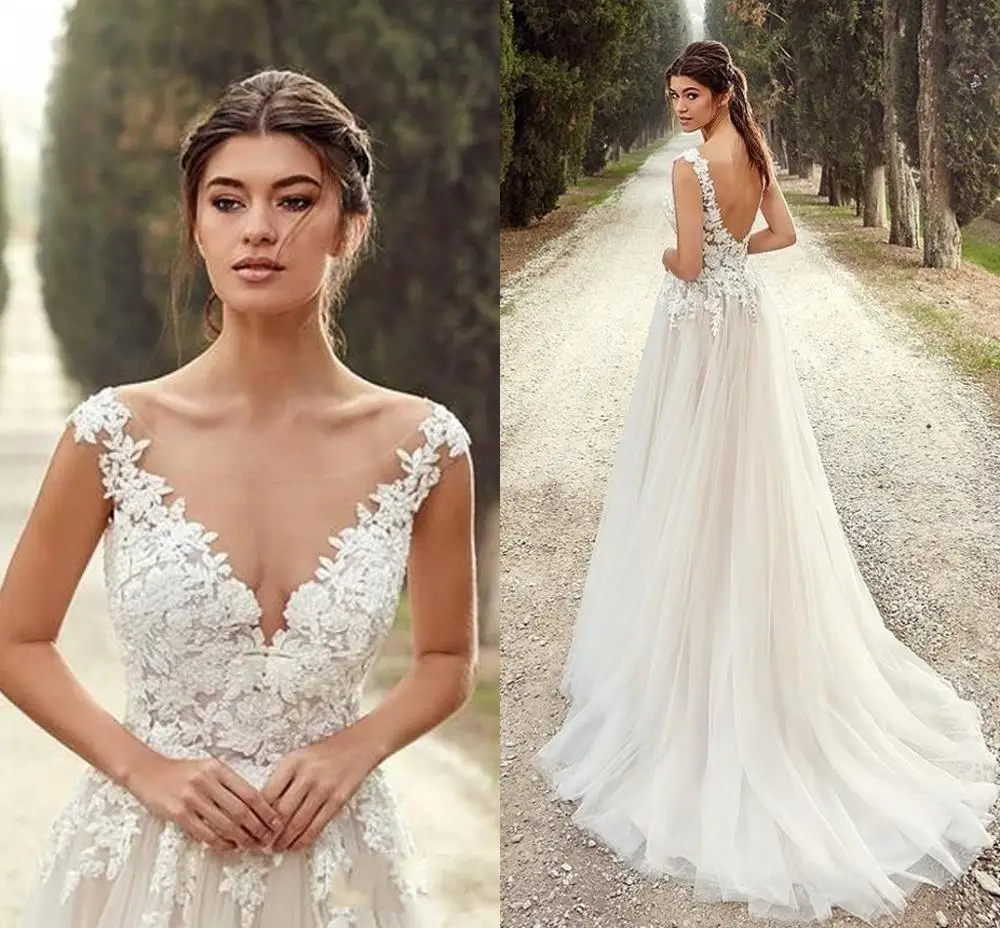 Robe de mariée longue, Design Simple, jardin d'été, plage, ligne A, col en V, mancherons, bas dos nu, bon marché, Boho, 2021