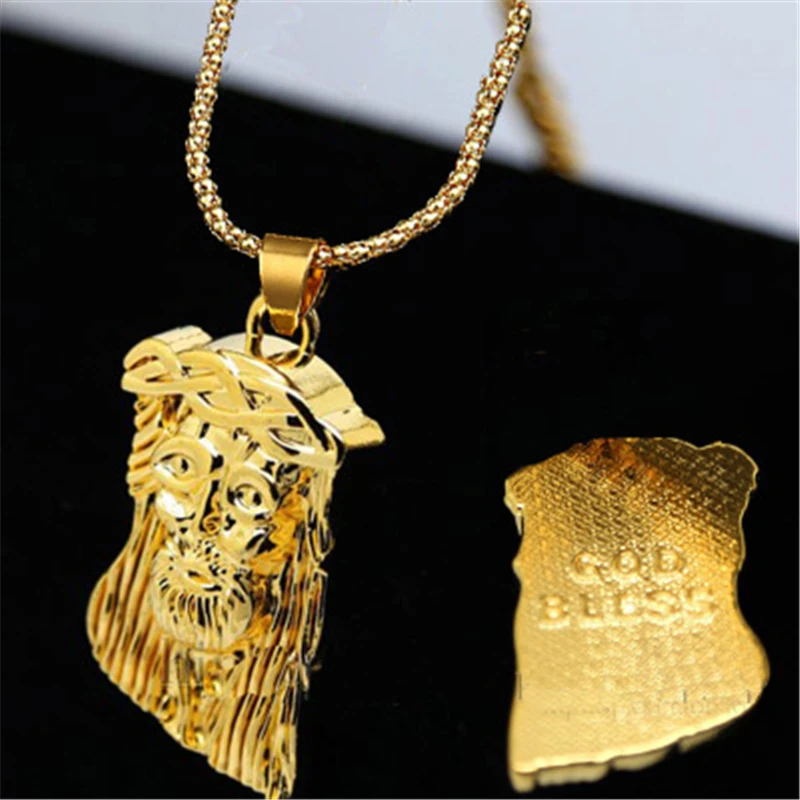 Hip Hop Gold Color Jesus Head Face God Bless Pendants Necklaces Rope Chain Collier For Men Women Christian Jewelry Gift