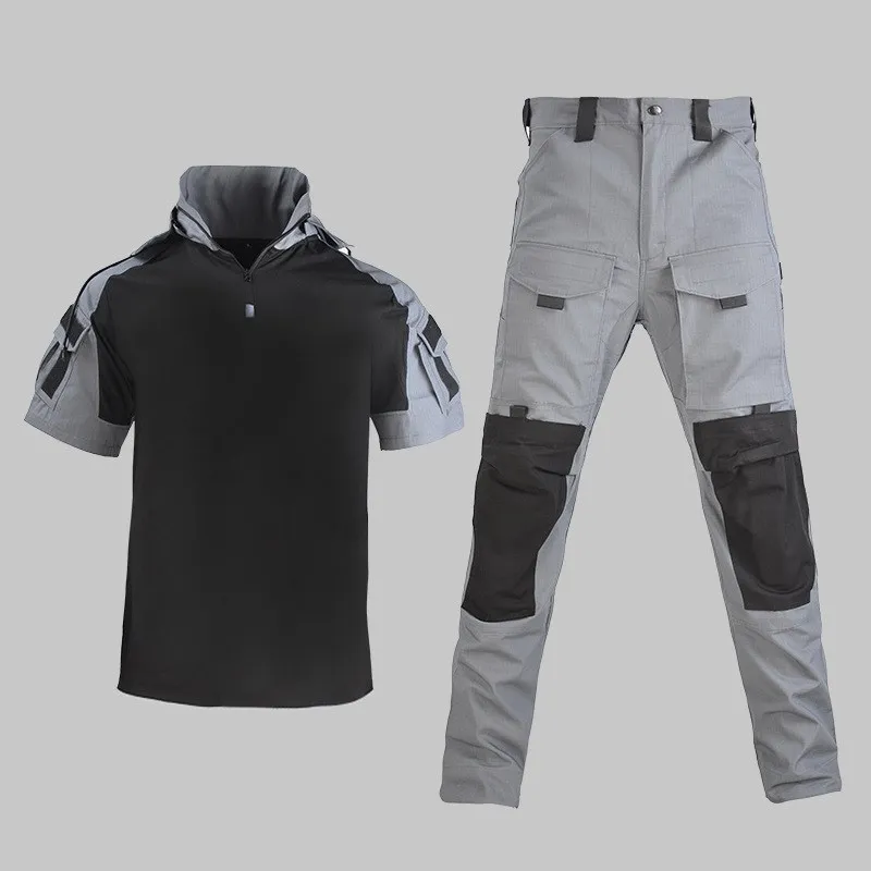 Mens Summer Short Seeve Hooded Clothes Suits Fan Outdoor Training Camouflage Uniform Shirt Pants