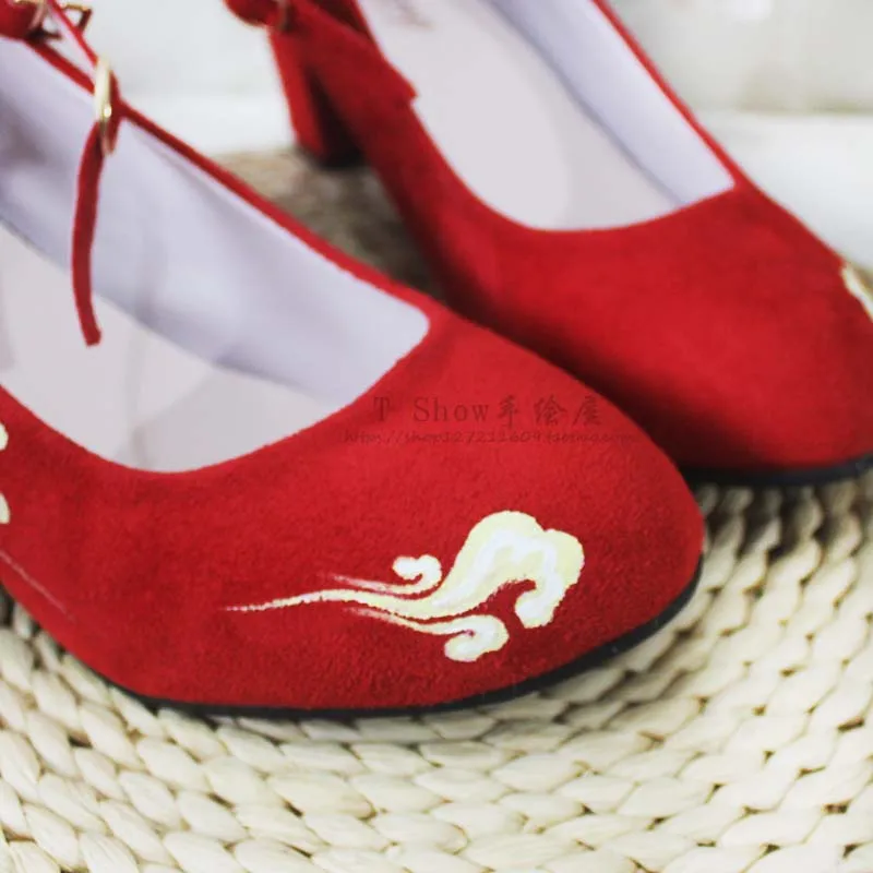 Retro สไตล์ Hanfu กระโปรงเดียวหัวเข็มขัดหนังนิ่มรองเท้าส้นสูงรองเท้าสีแดงสำหรับผู้หญิง Kawaii รองเท้าคอสเพลย์ loli รองเท้าผู้หญิง